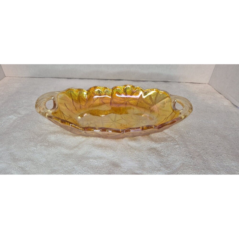 VTG Indiana Glass Iridescent Sunflower Marigold Carnival Two Handled Oval Dish